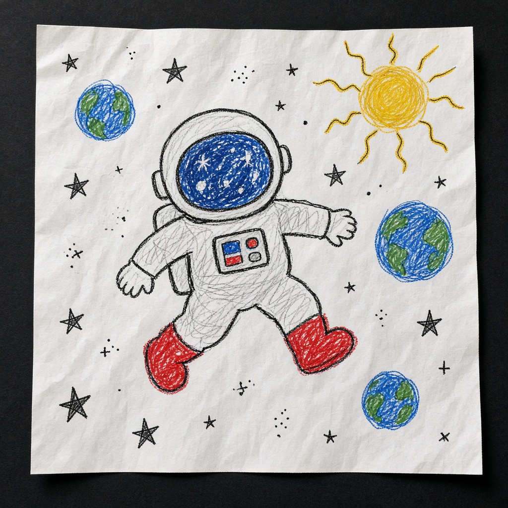 Child crayon drawing of a floating astronaut
