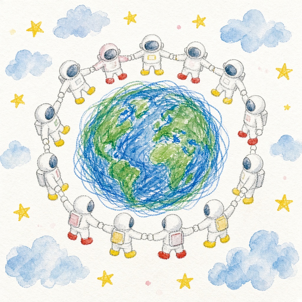 Child drawing of astronauts holding hands around Earth